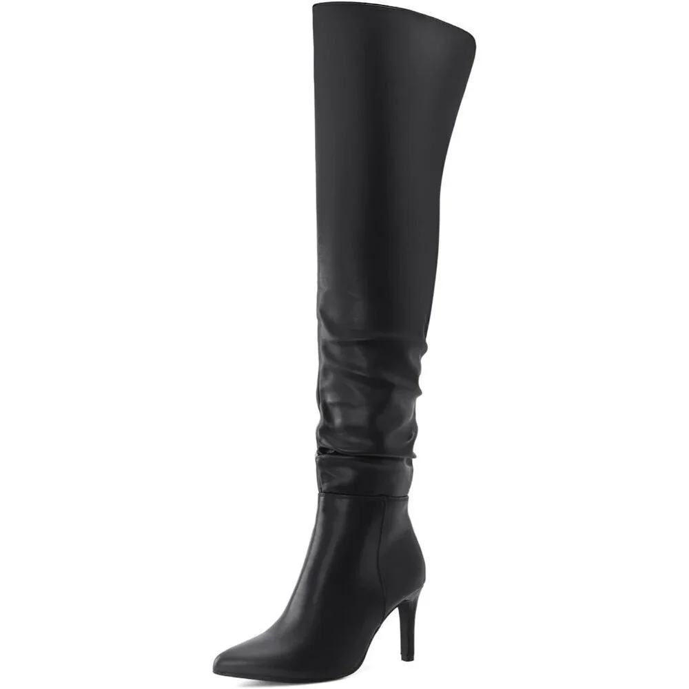 Women Pu Black Polyurethane Over The Knee Stiletto Heel Pointed Toe Long Boot